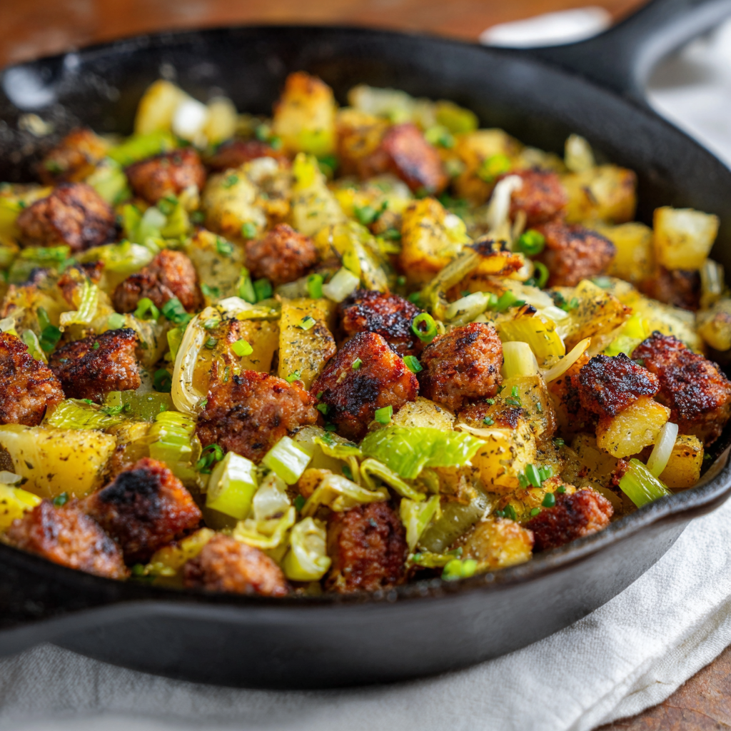 Sausage potato leek dijon mustard hash recipe
