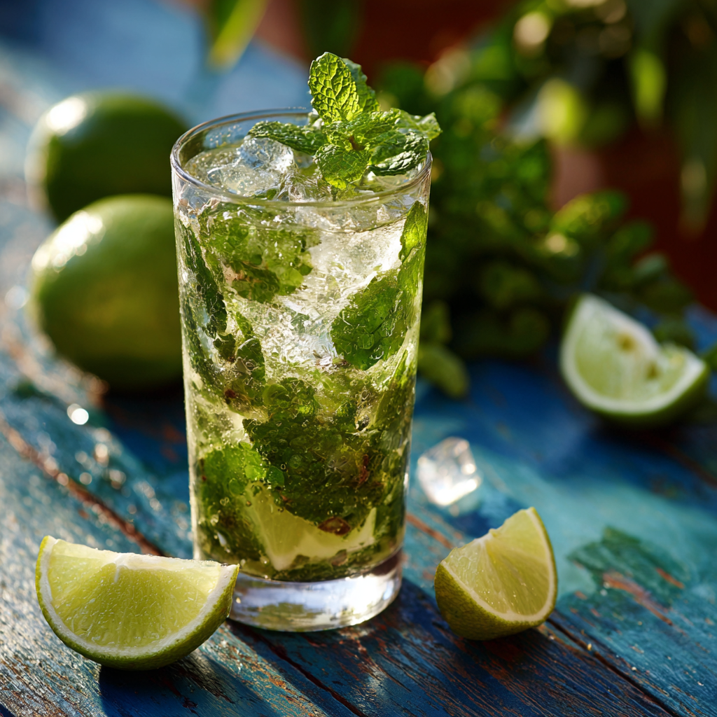 Adding ice and garnishing with mint and lime