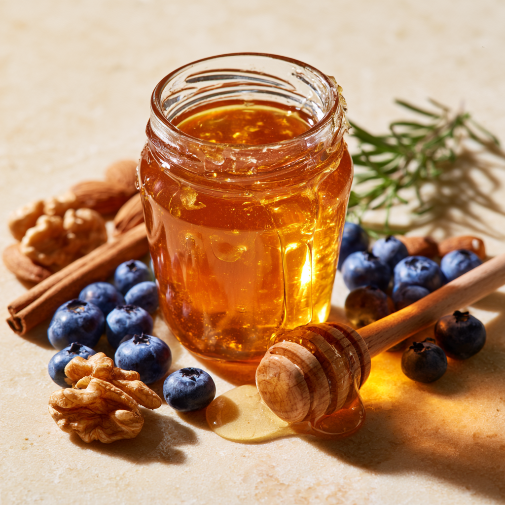 Dark honey with walnuts and fresh berries