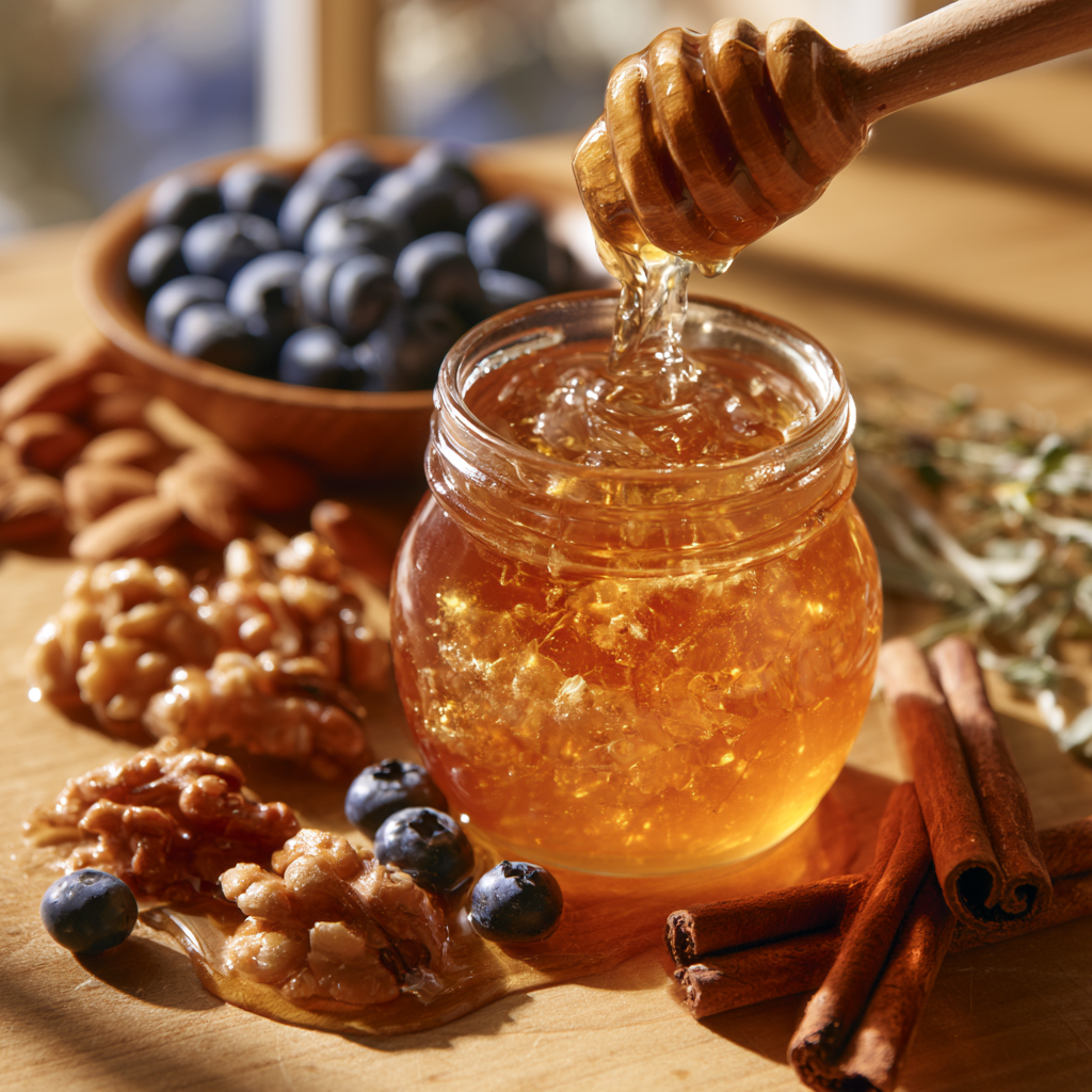 Raw honey with walnuts and blueberries for a brain-friendly diet