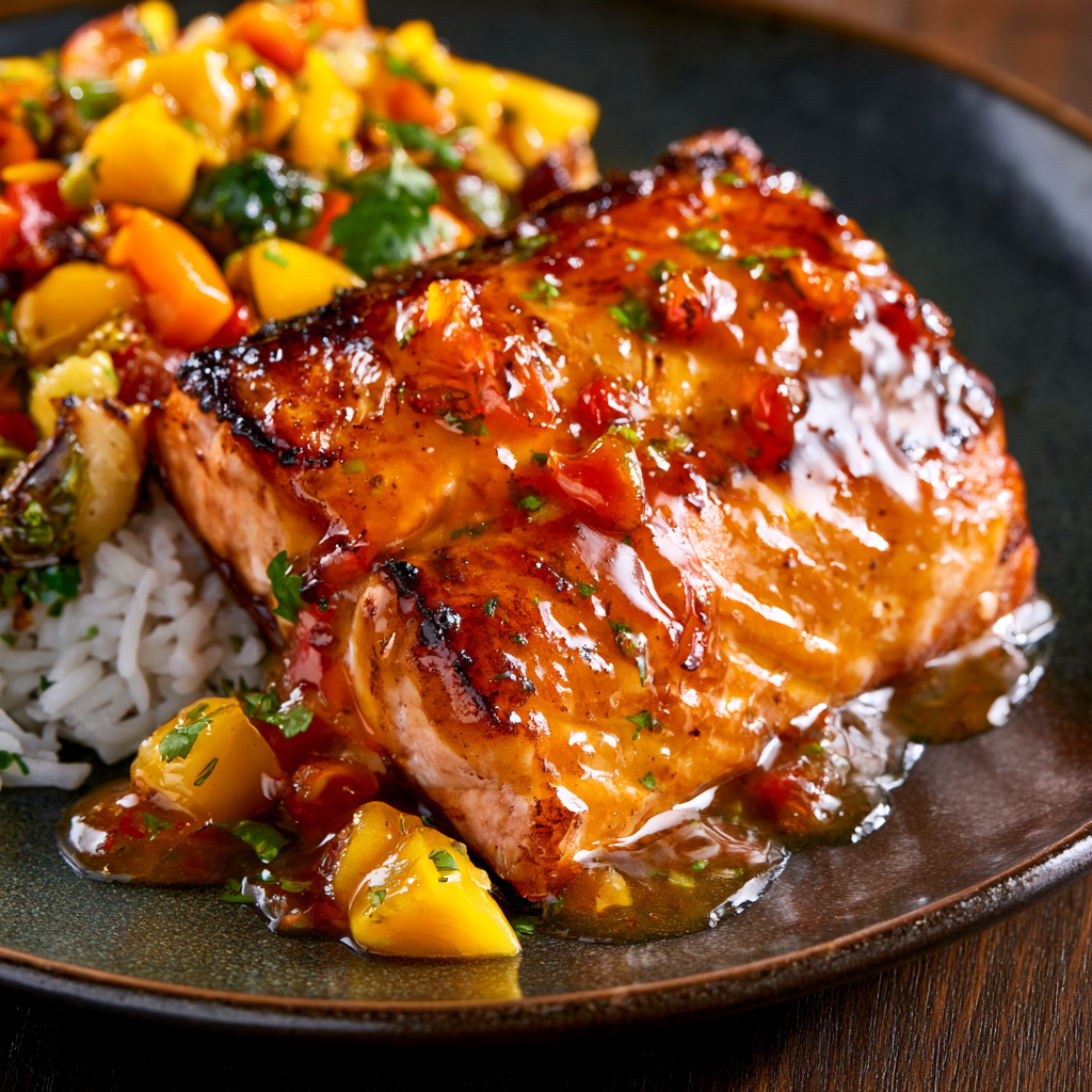 Caribbean-style honey jerk salmon served with coconut rice and roasted vegetables
