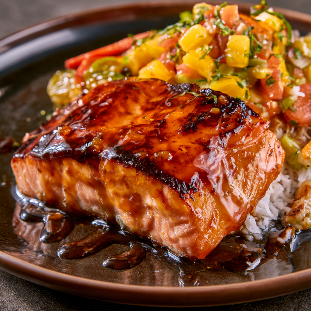 Caribbean-style honey jerk salmon served with coconut rice and roasted vegetables