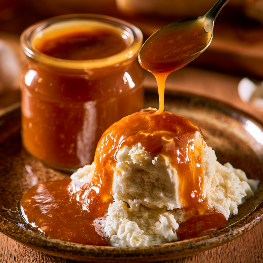 Homemade goat milk caramel sauce in a glass jar with creamy golden texture
