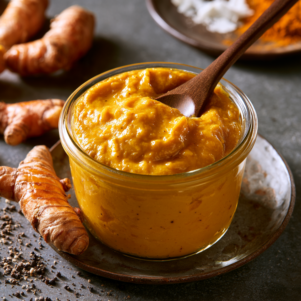 Golden paste recipe ingredients including turmeric powder, black pepper, coconut oil, and water