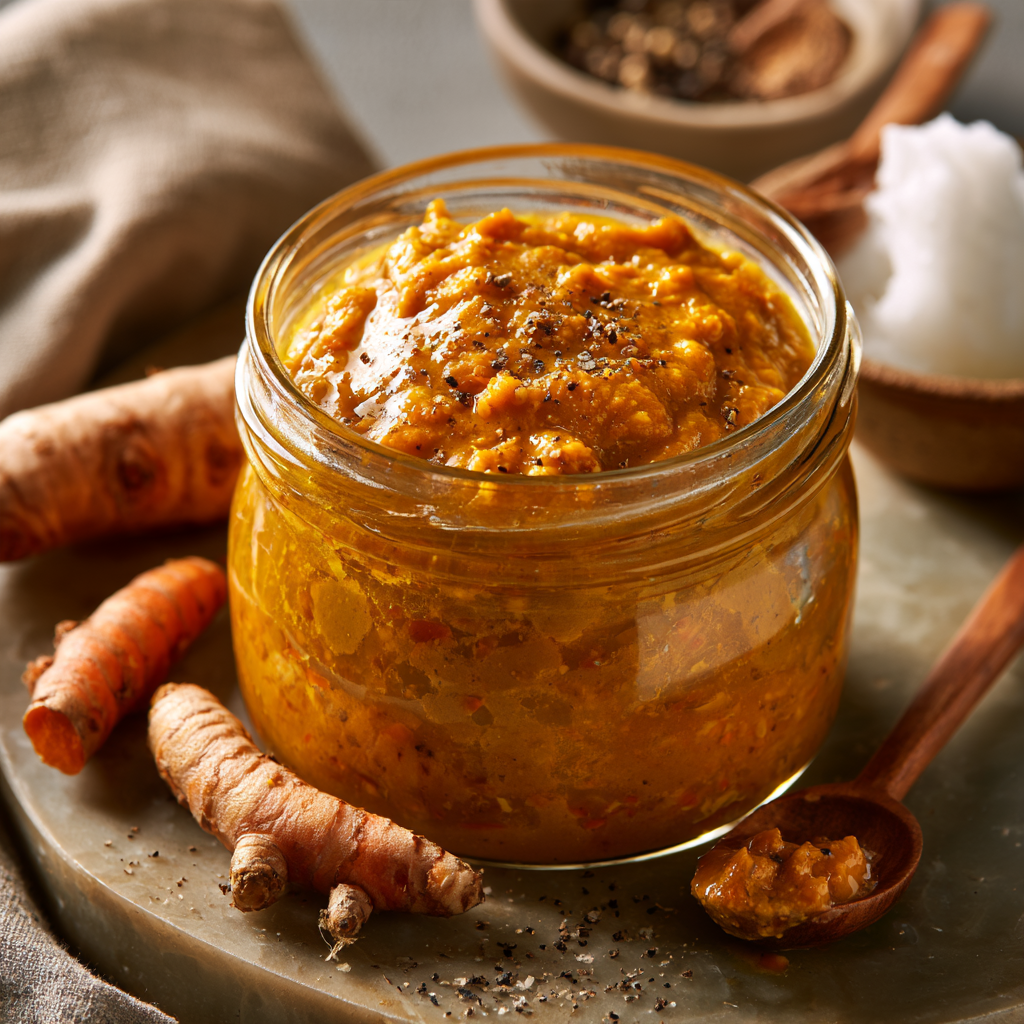 Golden paste recipe ingredients including turmeric powder, black pepper, coconut oil, and water