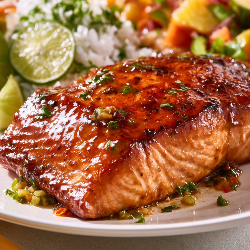 Baked honey jerk salmon cooking with a sticky Caribbean-inspired glaze