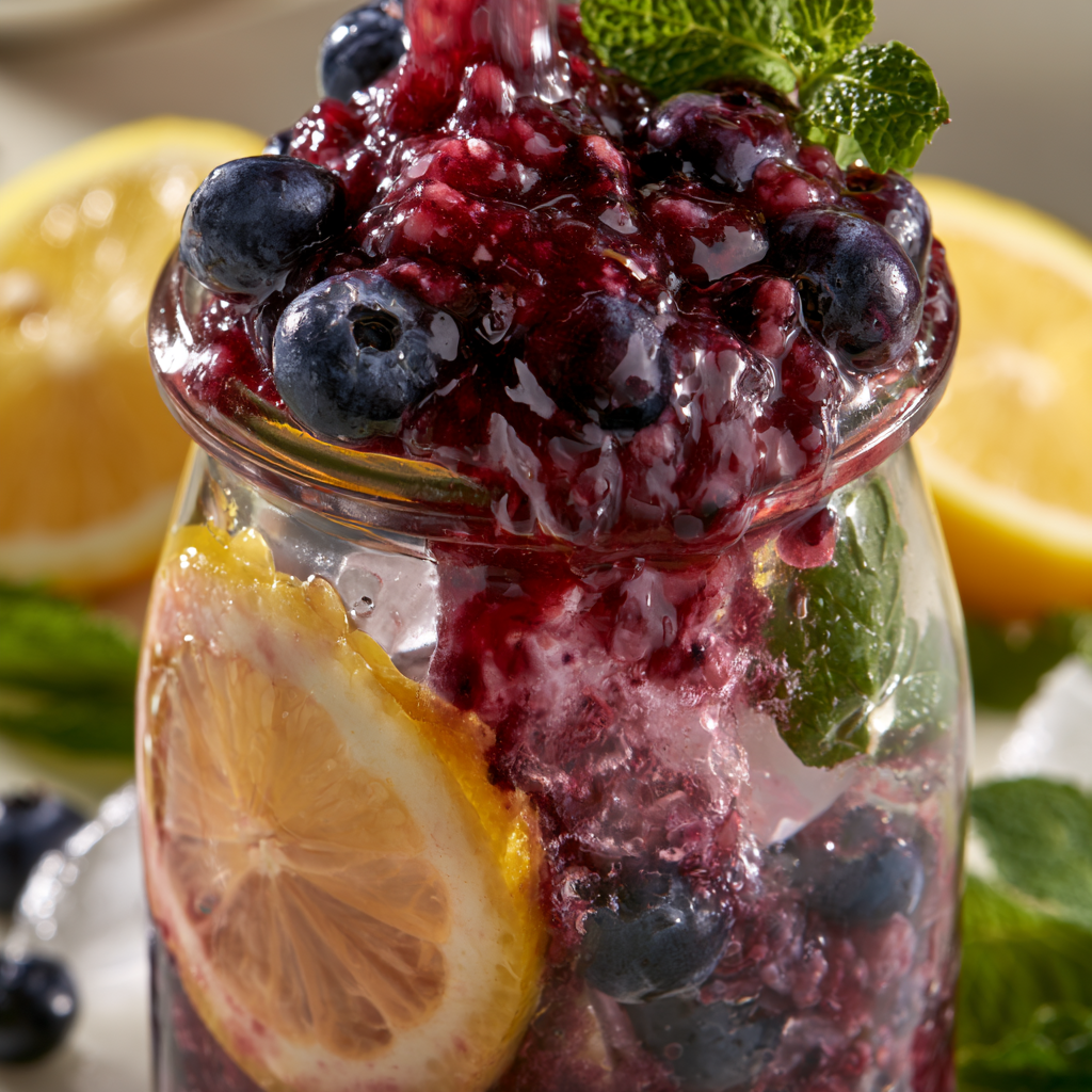 Preparing homemade blueberry lemon crush recipe with crushed blueberries and fresh lemon juice