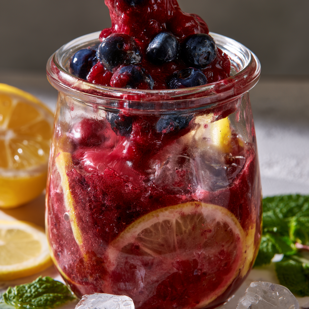 Refreshing blueberry lemon crush drink with ice cubes, blueberries, and lemon slices for summer