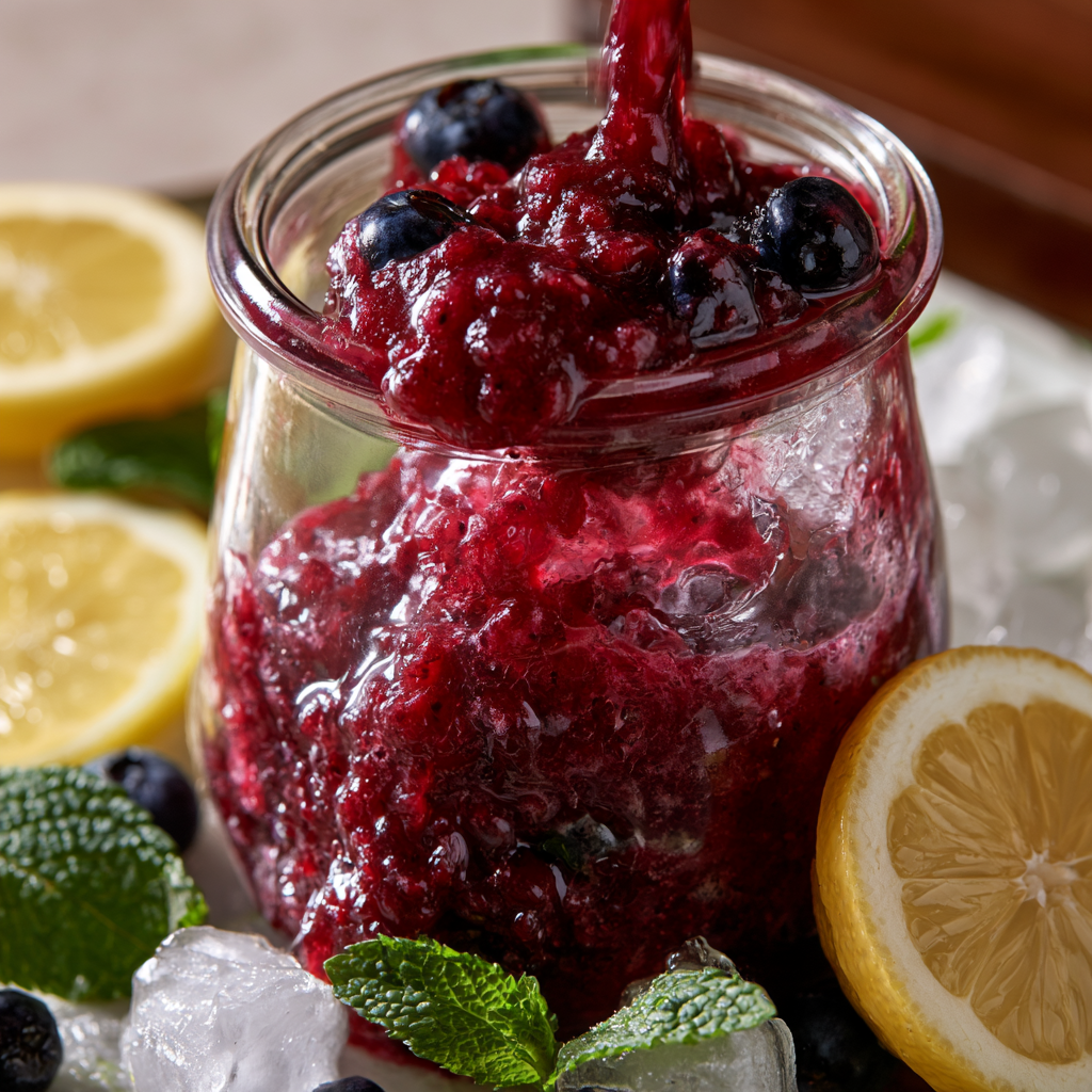 Blueberry lemon crush recipe served in a glass with fresh blueberries, lemon slices, and mint garnish