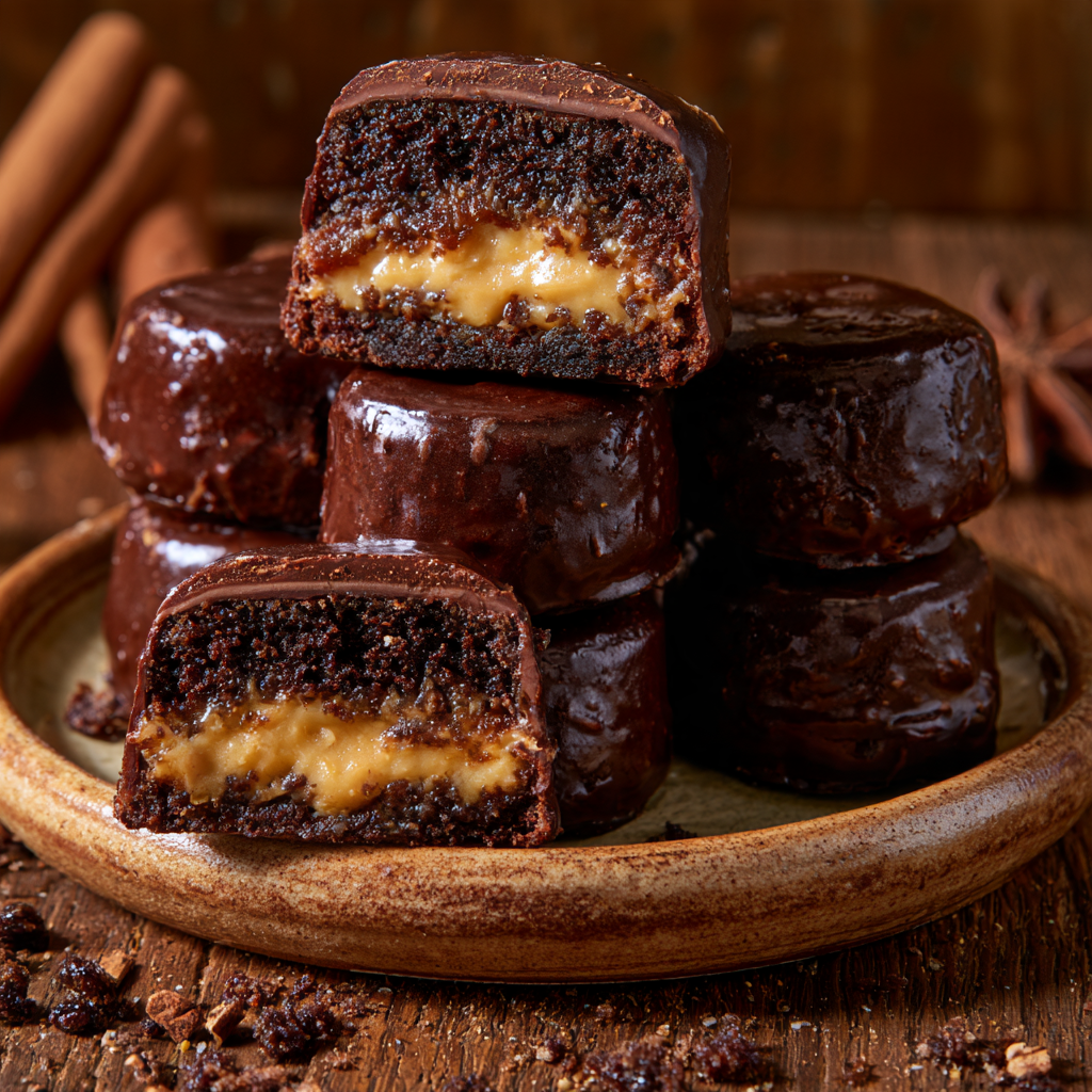 Brazilian honey cakes filled with dulce de leche and coated in chocolate