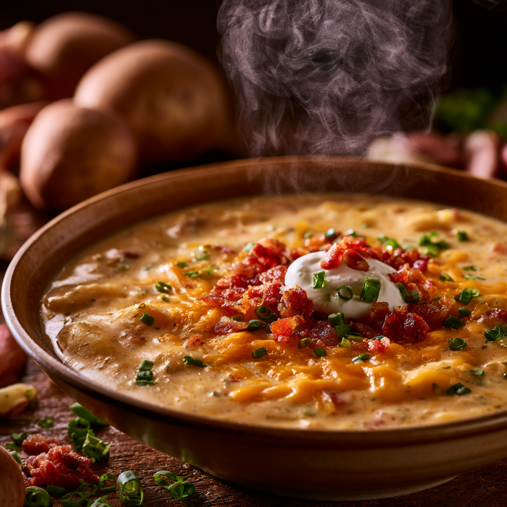 Ingredients for homemade Outback potato soup recipe including potatoes, cheese, bacon, and cream