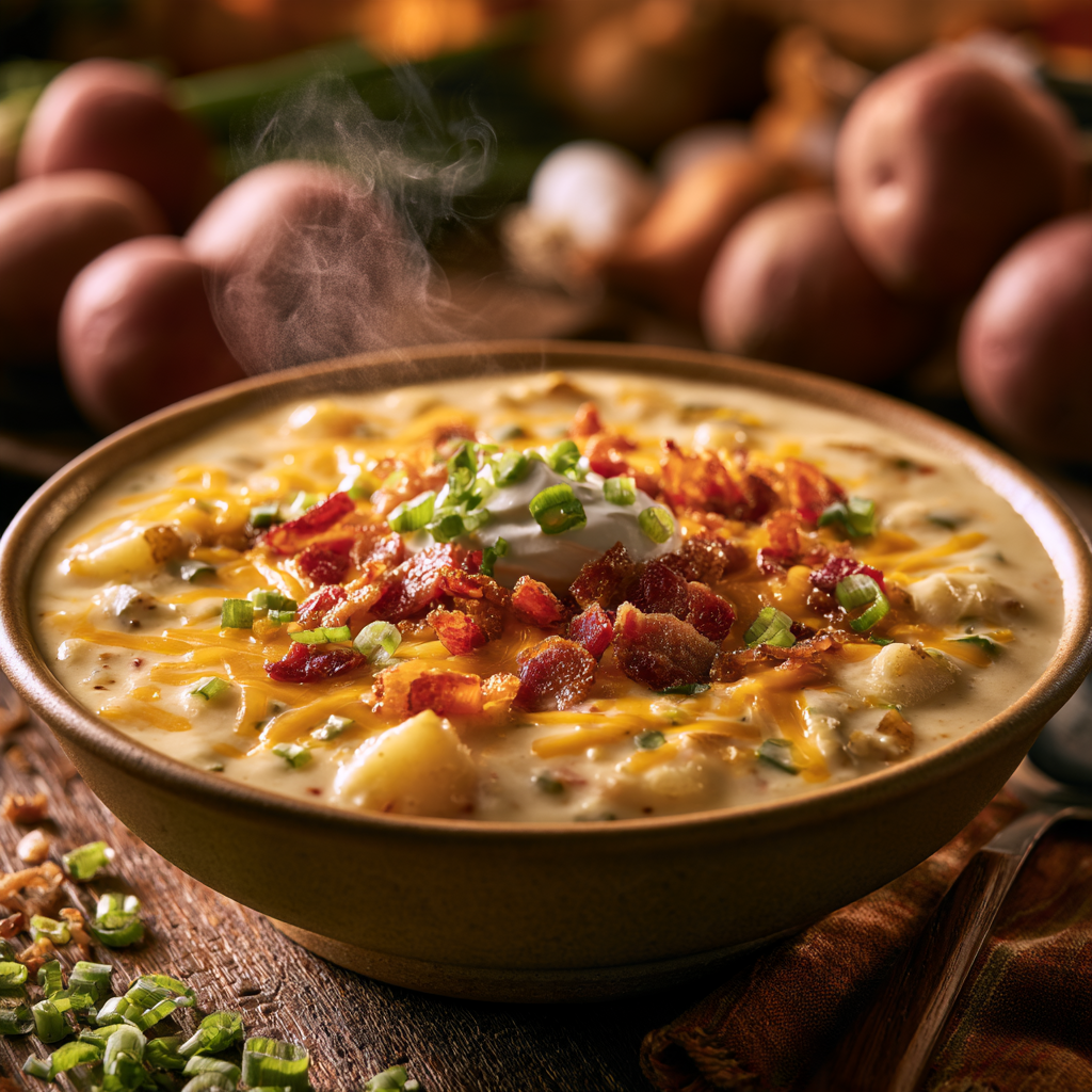 Loaded potato soup with bacon, cheddar cheese, sour cream, and green onions served as a comforting meal