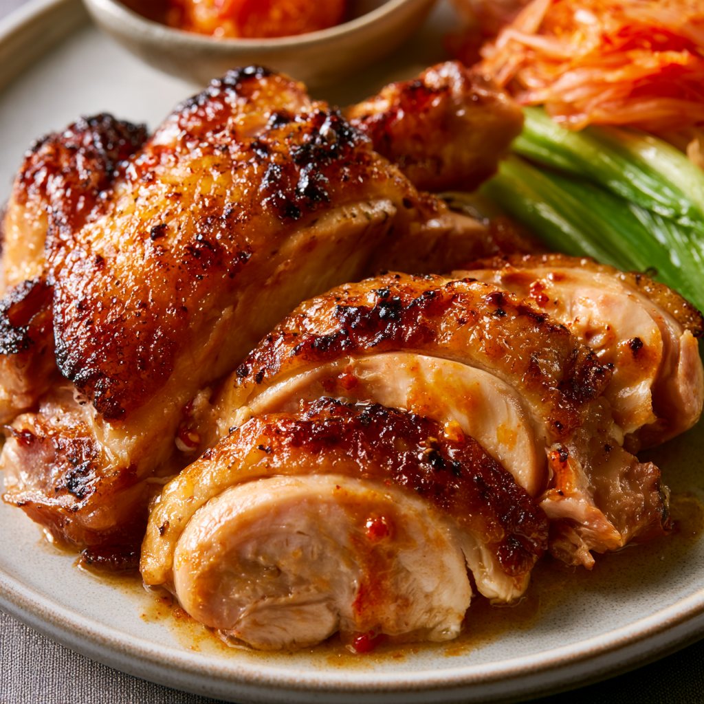 Jidori chicken recipe with grilled Japanese chicken served with rice and vegetables