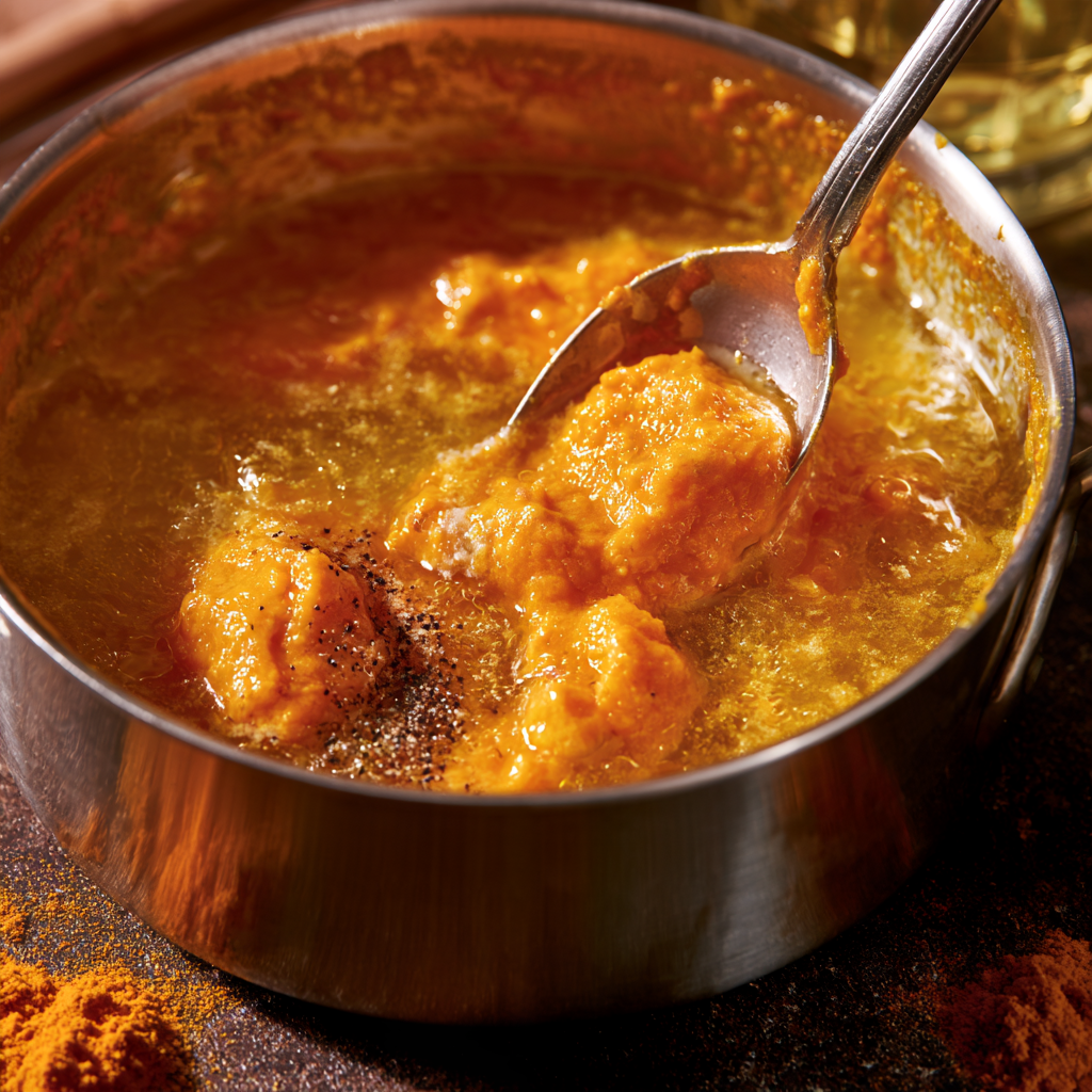 Making homemade turmeric golden paste by mixing turmeric, water, black pepper, and coconut oil
