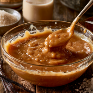 Homemade goat milk caramel sauce in a glass jar with creamy golden texture