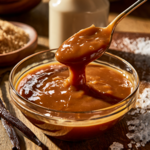 Homemade goat milk caramel sauce in a glass jar with creamy golden texture