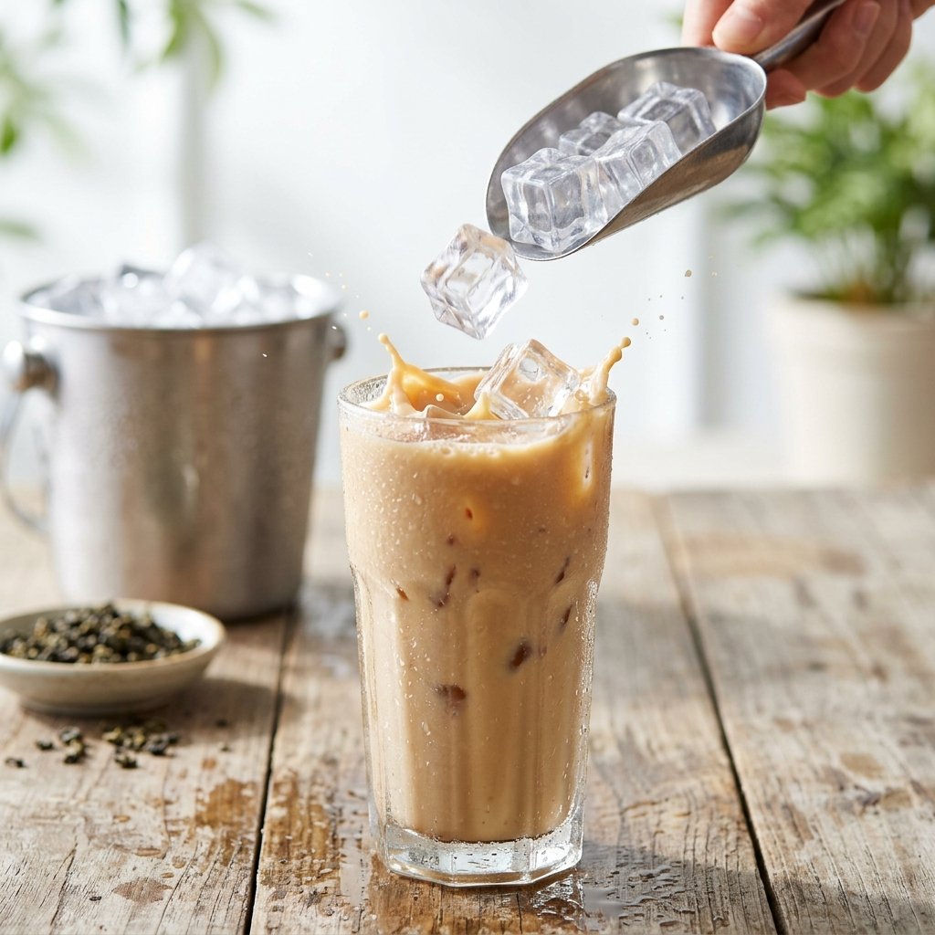 Adding ice to a glass of milk tea