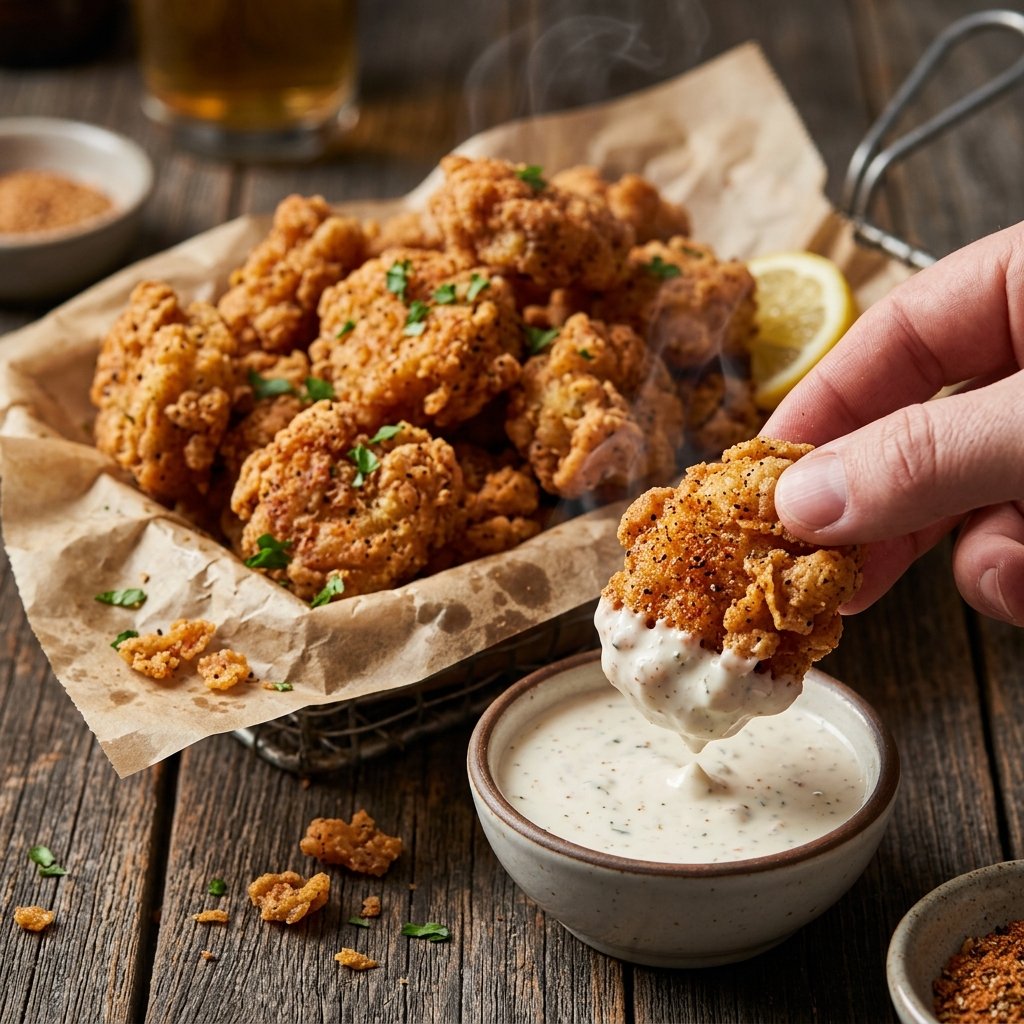 Alligator bite being dipped in sauce