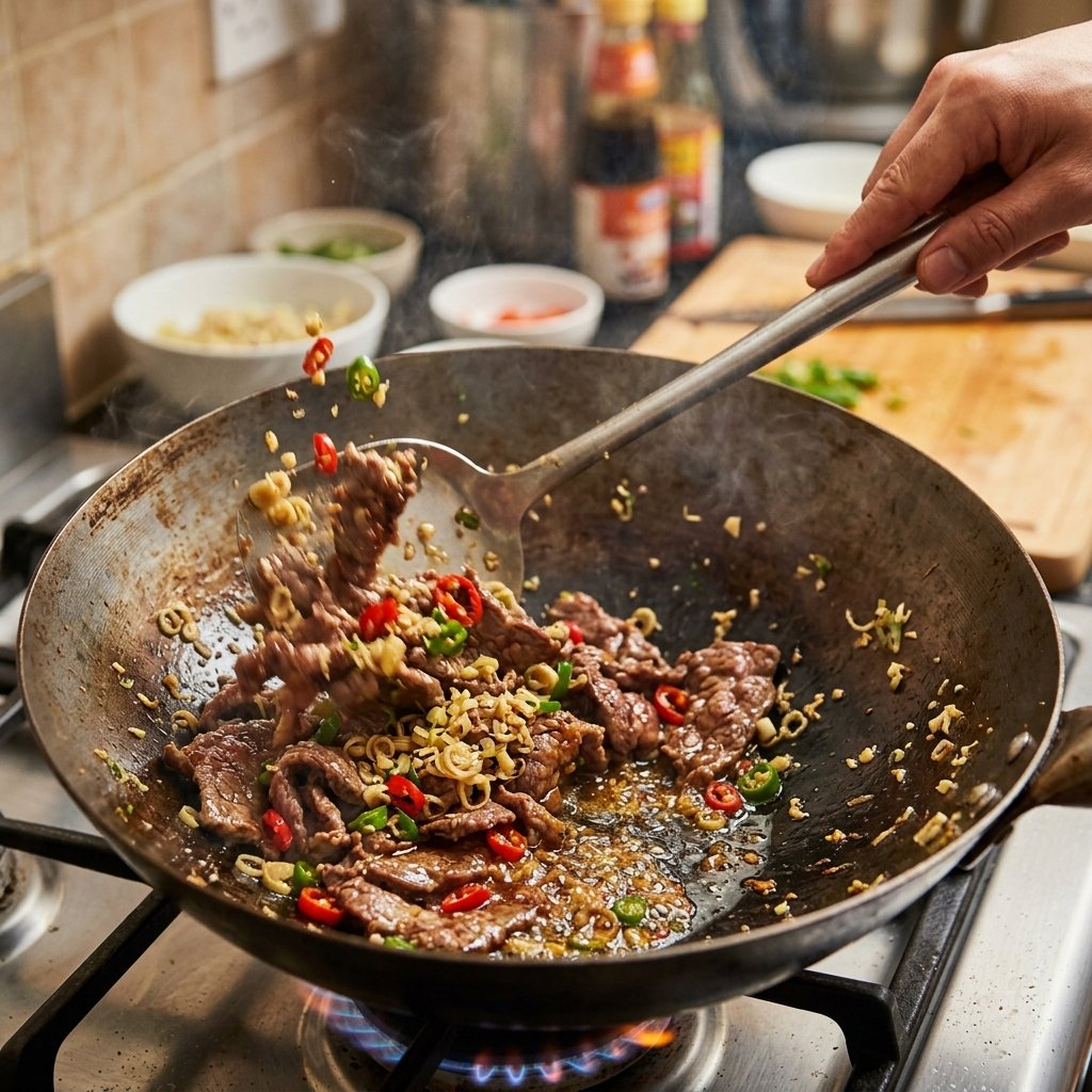 Beef stir-fried in a hot wok
