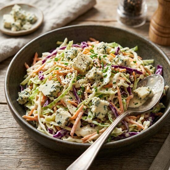 Creamy blue cheese slaw in a serving bowl