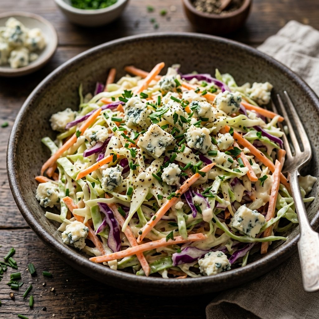 Blue cheese slaw topped with crumbled blue cheese