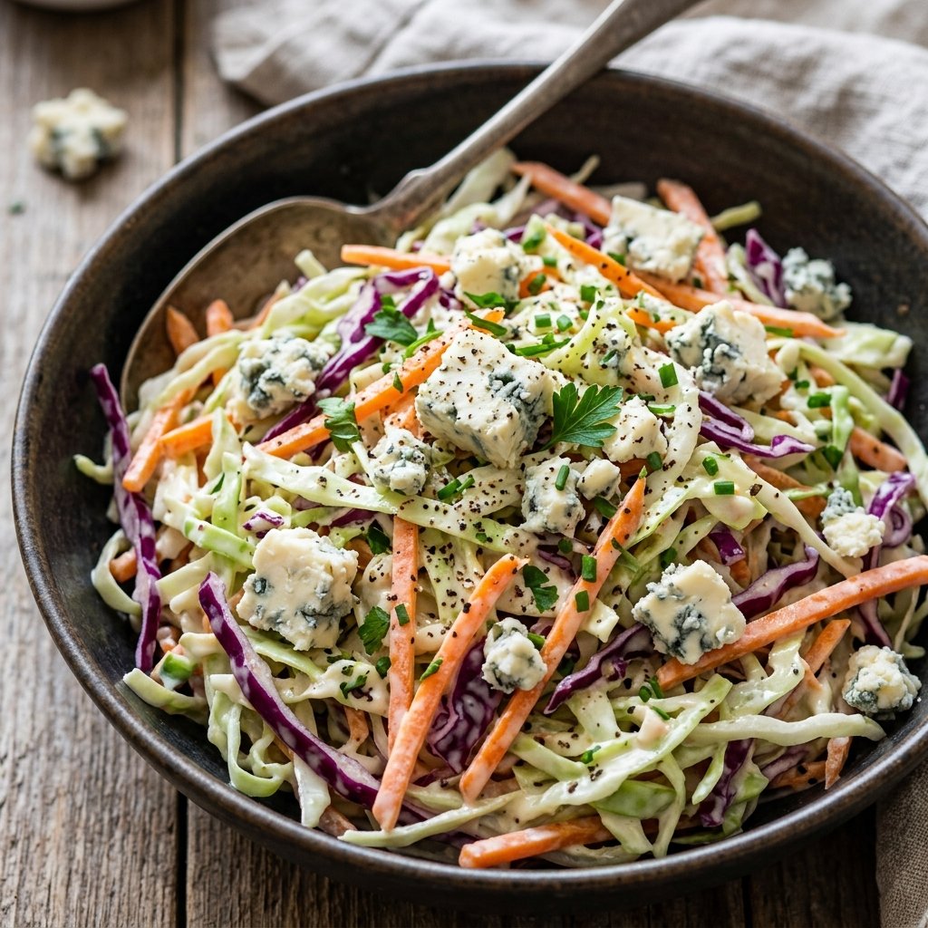 Close-up of creamy blue cheese slaw