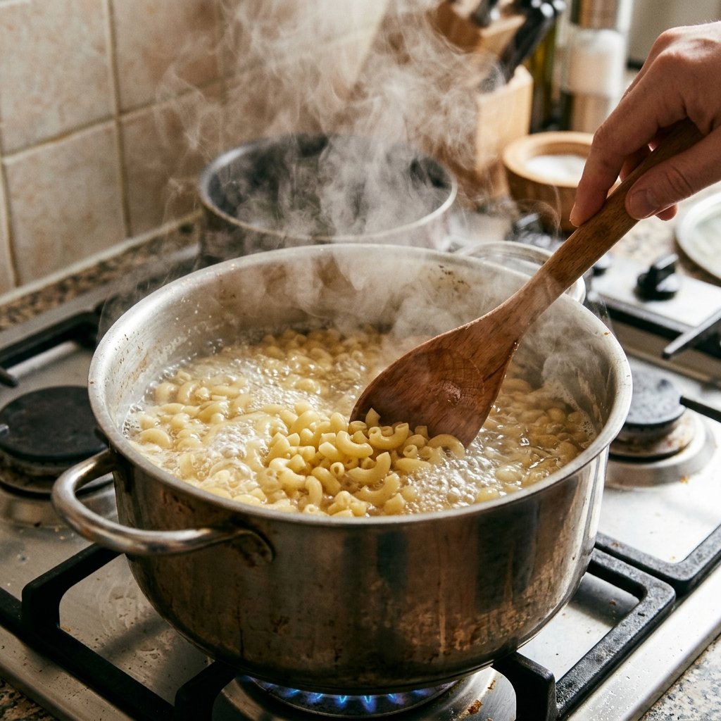 Boiling macaroni in a pot