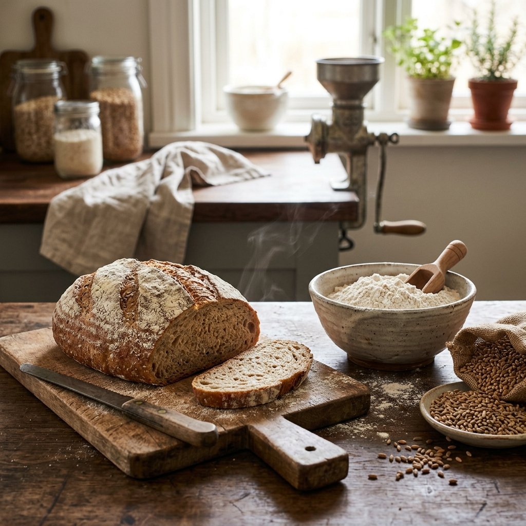 Bread and flour on a wooden board