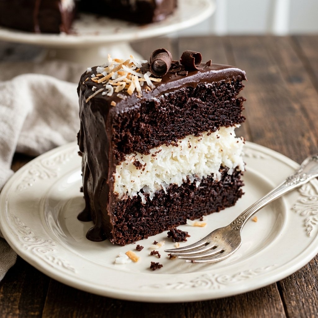 Slice of chocolate coconut cake showing the layers