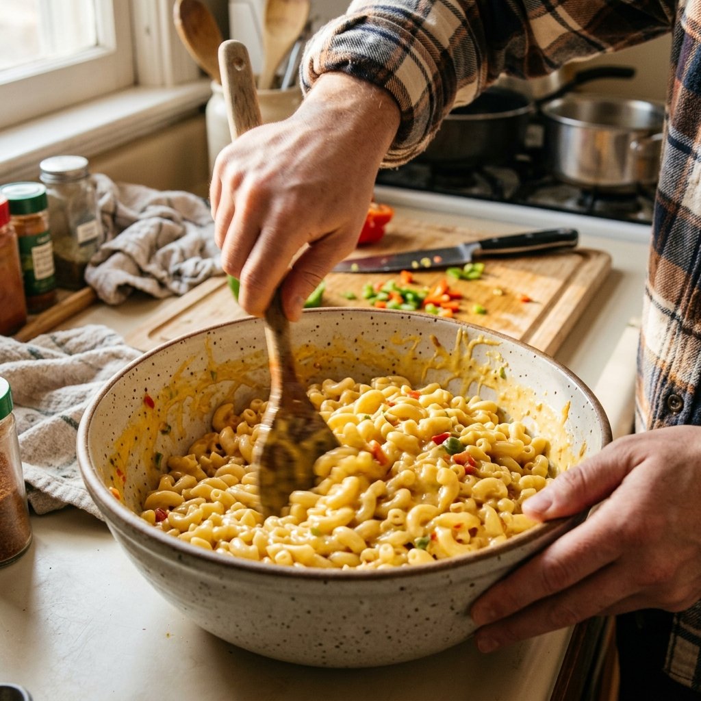 Cook mixing macaroni with cheese