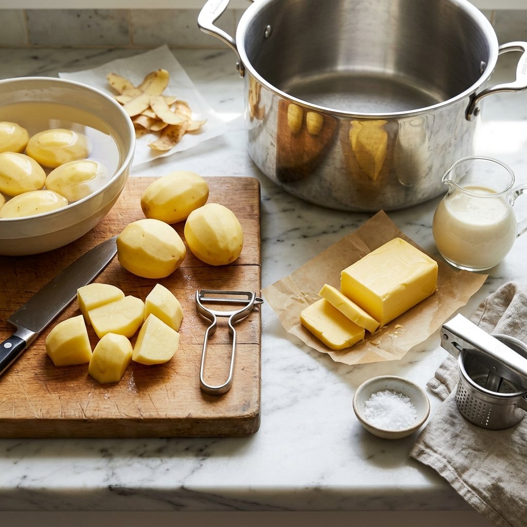 Potatoes and butter ready for cooking pommes puree