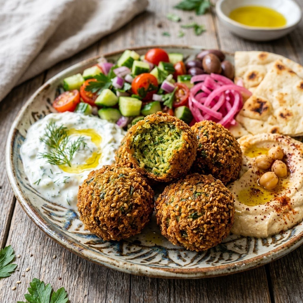 Crispy falafel with Mediterranean toppings
