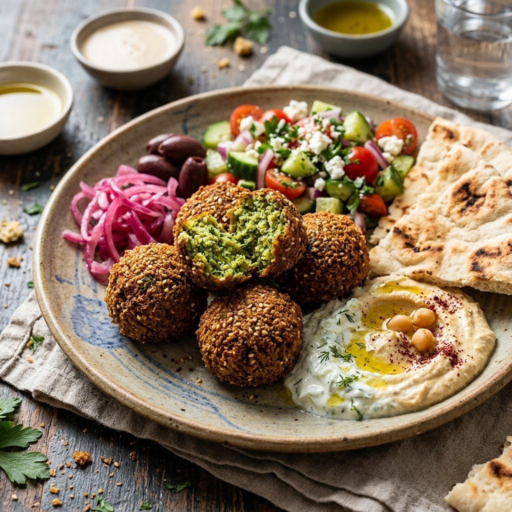 Crispy falafel with Mediterranean sides and sauces