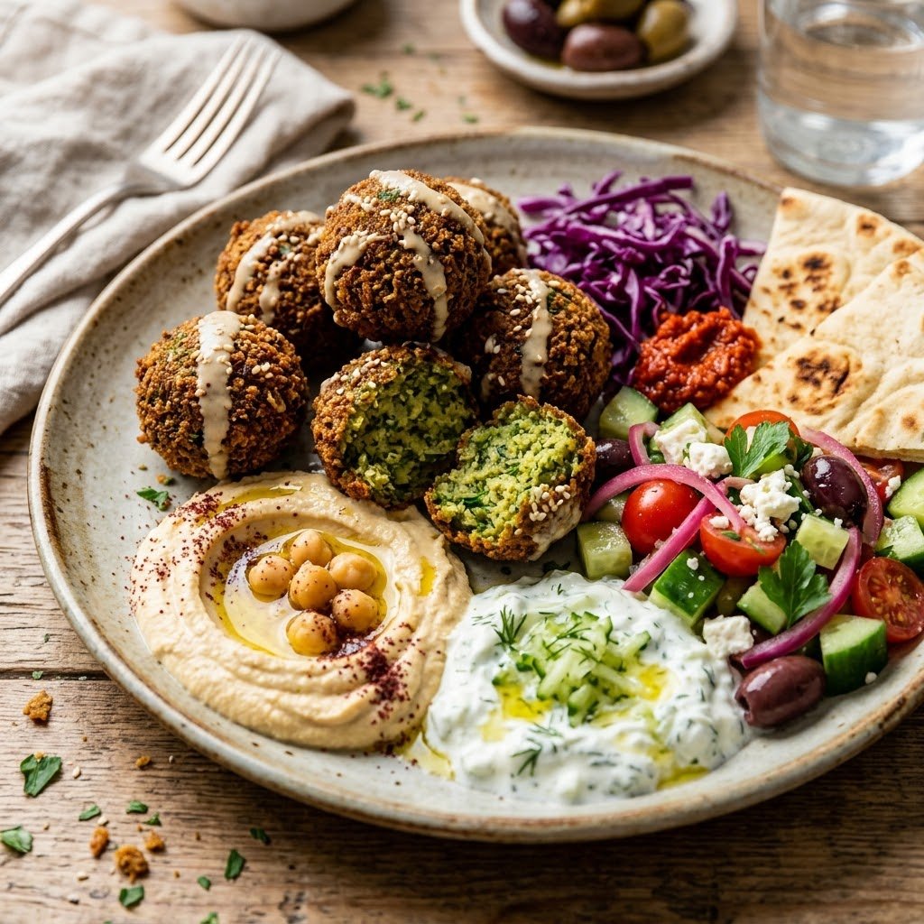 Falafel bowl with Mediterranean toppings