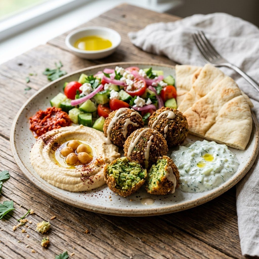Crispy falafel served with Mediterranean sides