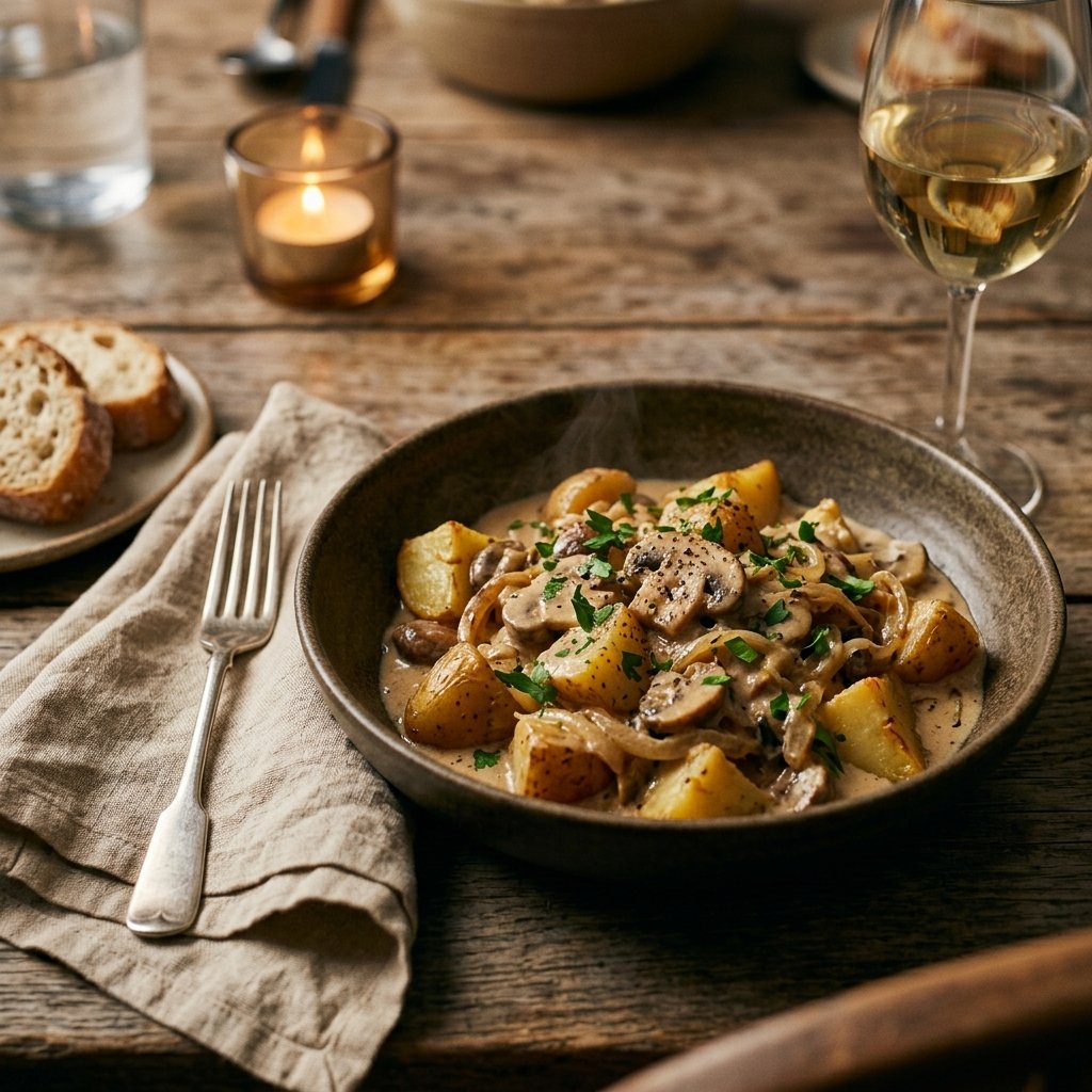 Eating potato stroganoff with a glass of wine