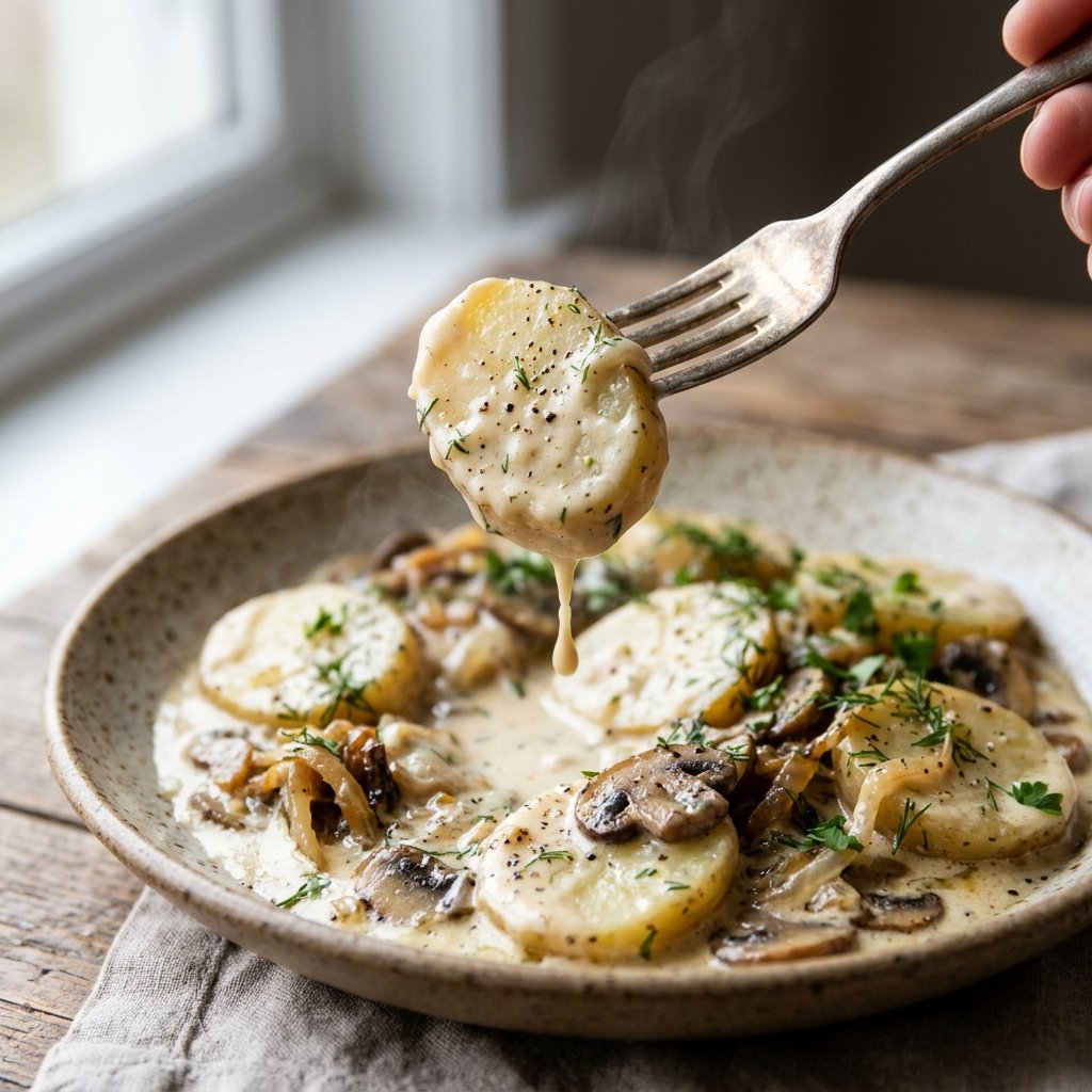 Fork lifting a tender potato slice coated in stroganoff sauce