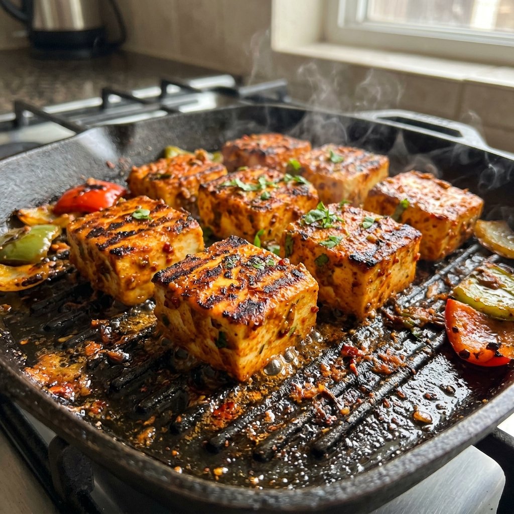 Grilling marinated paneer on skewers