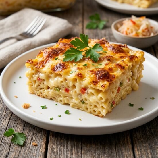 Haitian macaroni au gratin plated with a golden cheesy top
