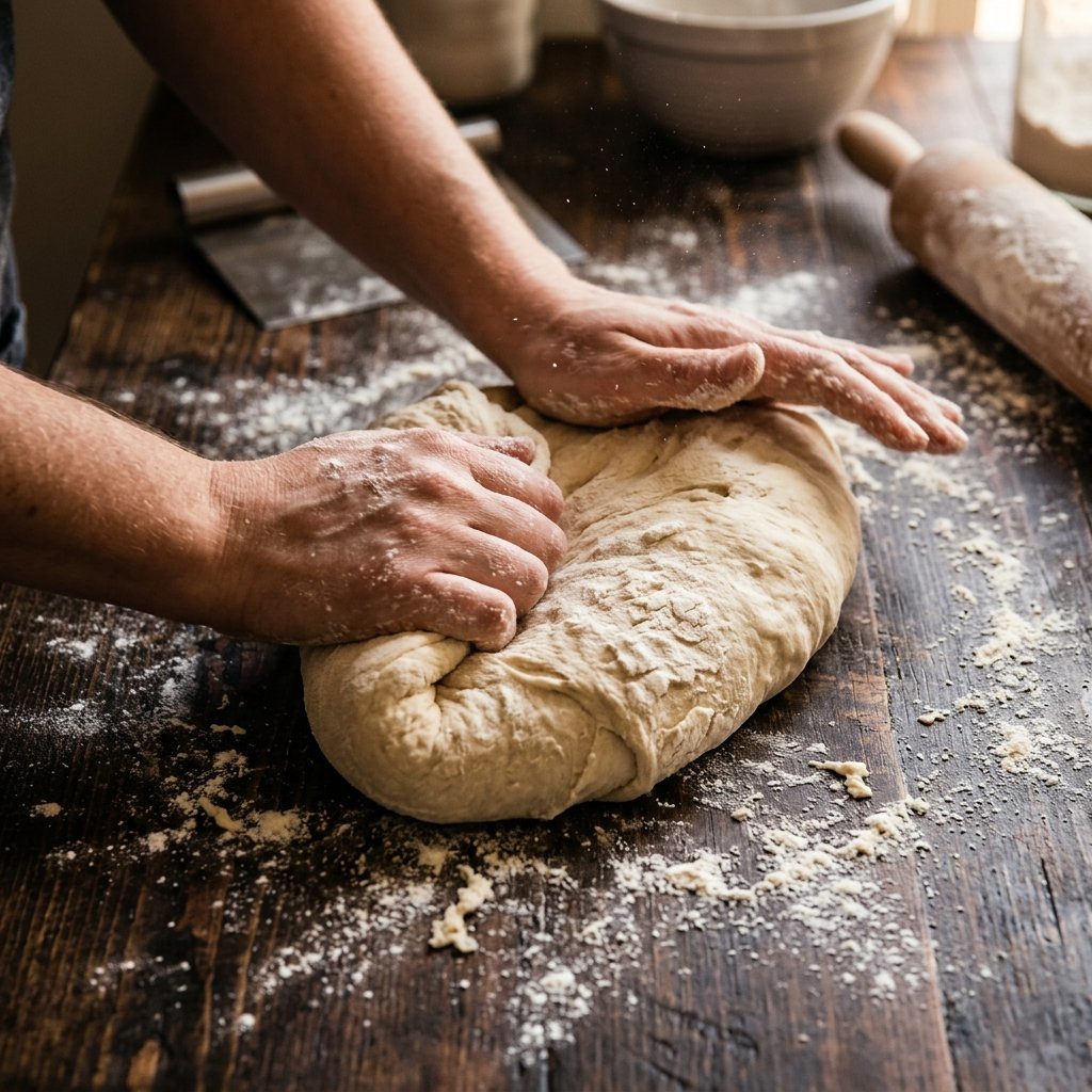 Hands kneading dough on a countertop