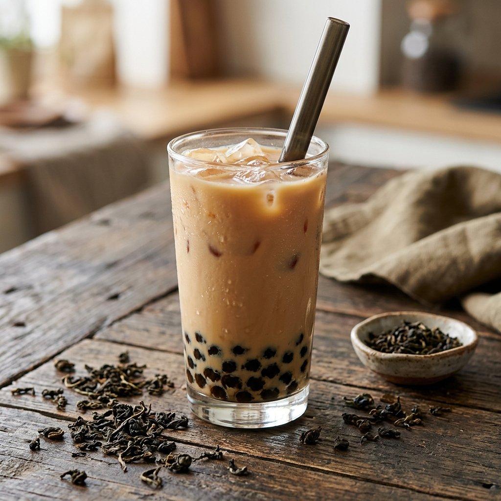 Iced oolong milk tea in a glass