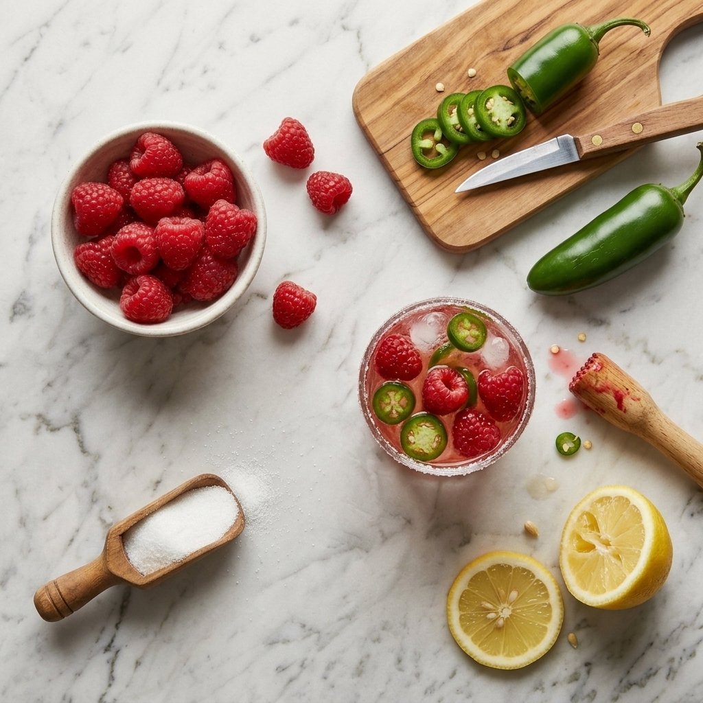 Raspberries, jalapeños, sugar and lemon laid out on a countertop