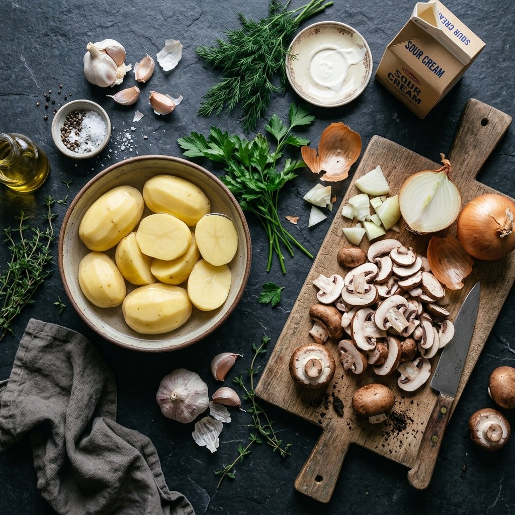 Ingredients for potato stroganoff laid out on a counter