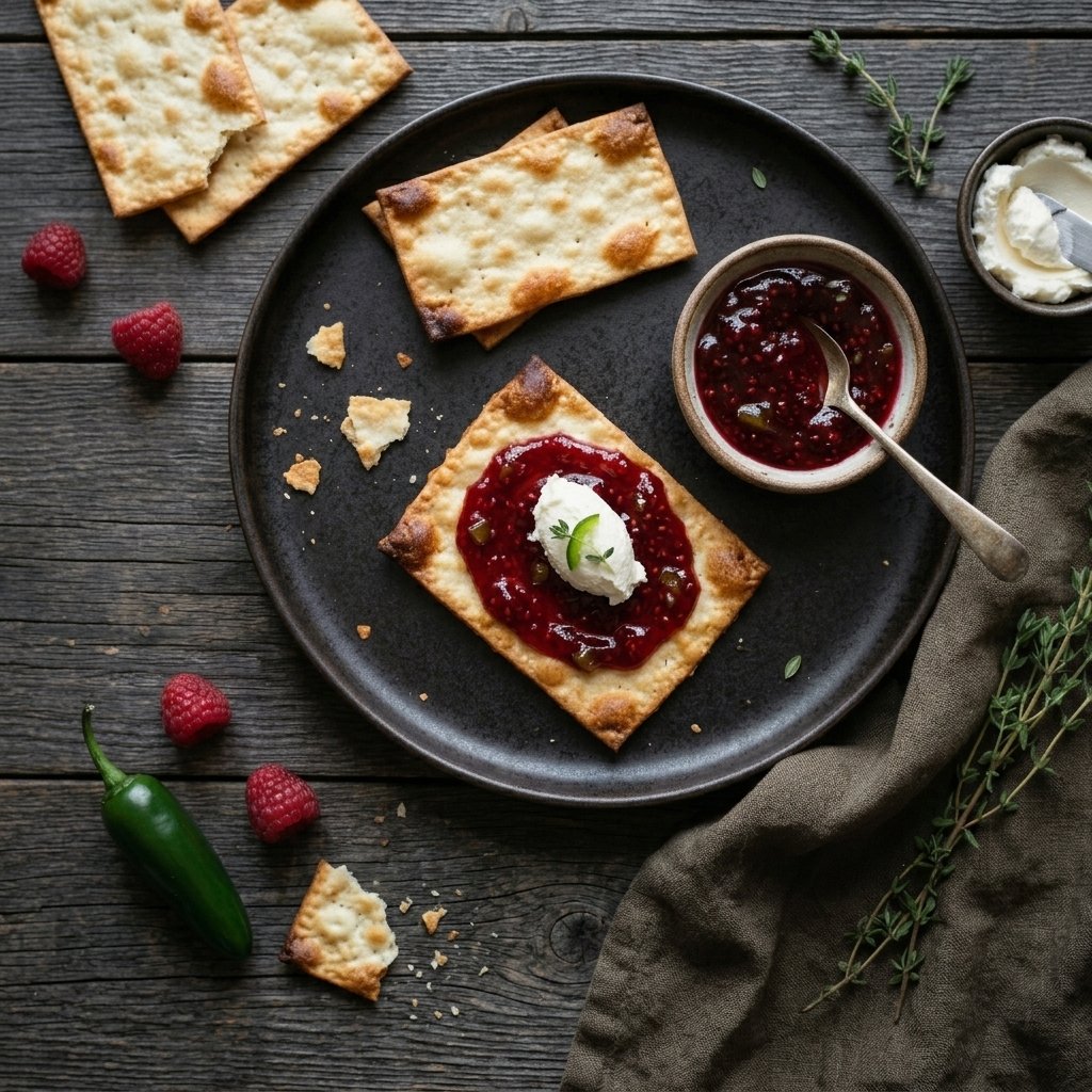 Cracker topped with cream cheese and raspberry jalapeno jam