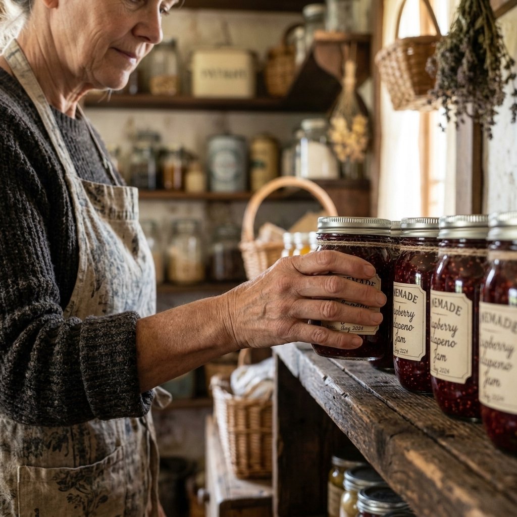 Jars of homemade jam lined up on a shelf