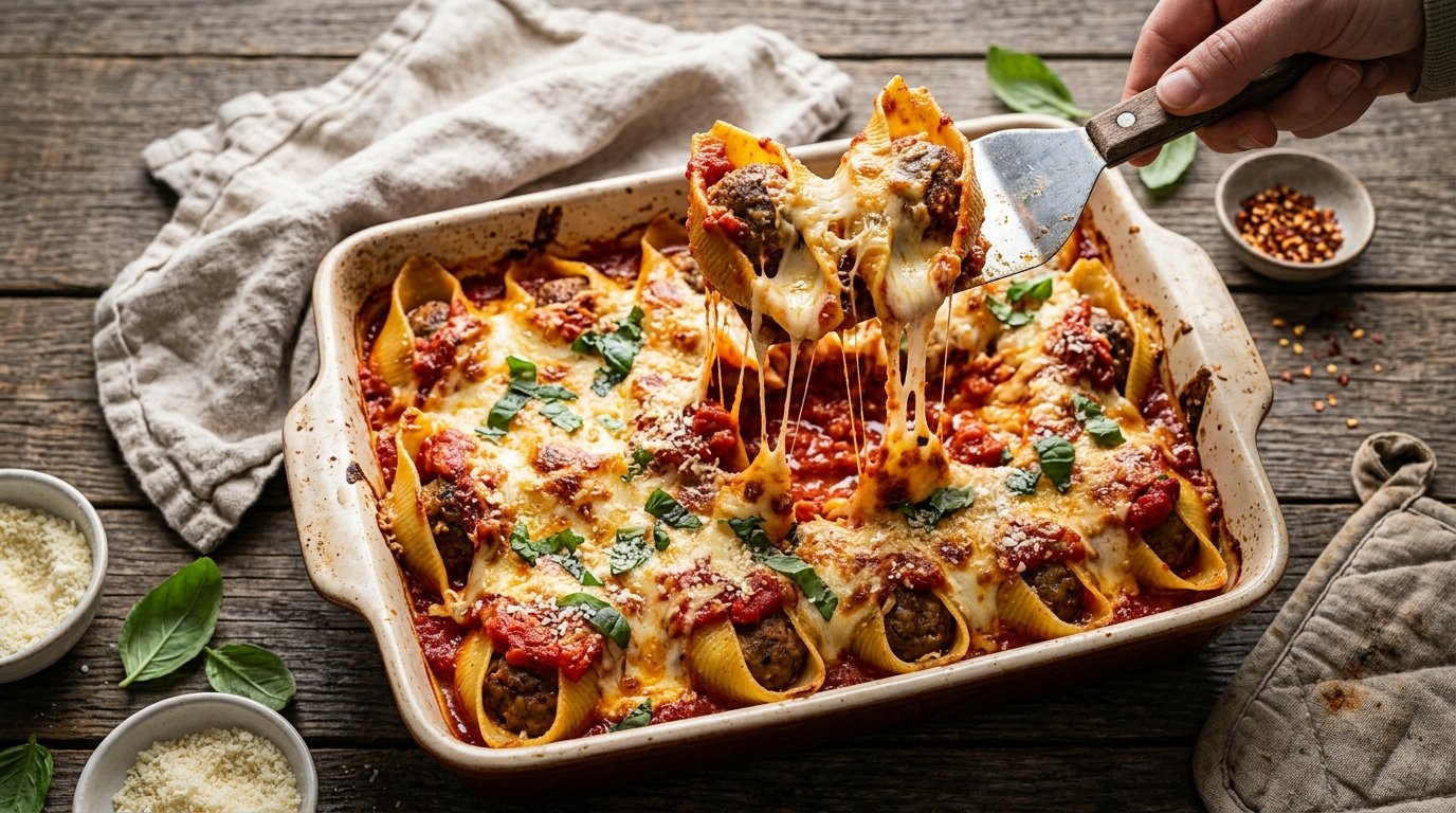 Lifting a stuffed pasta shell out of the baking dish