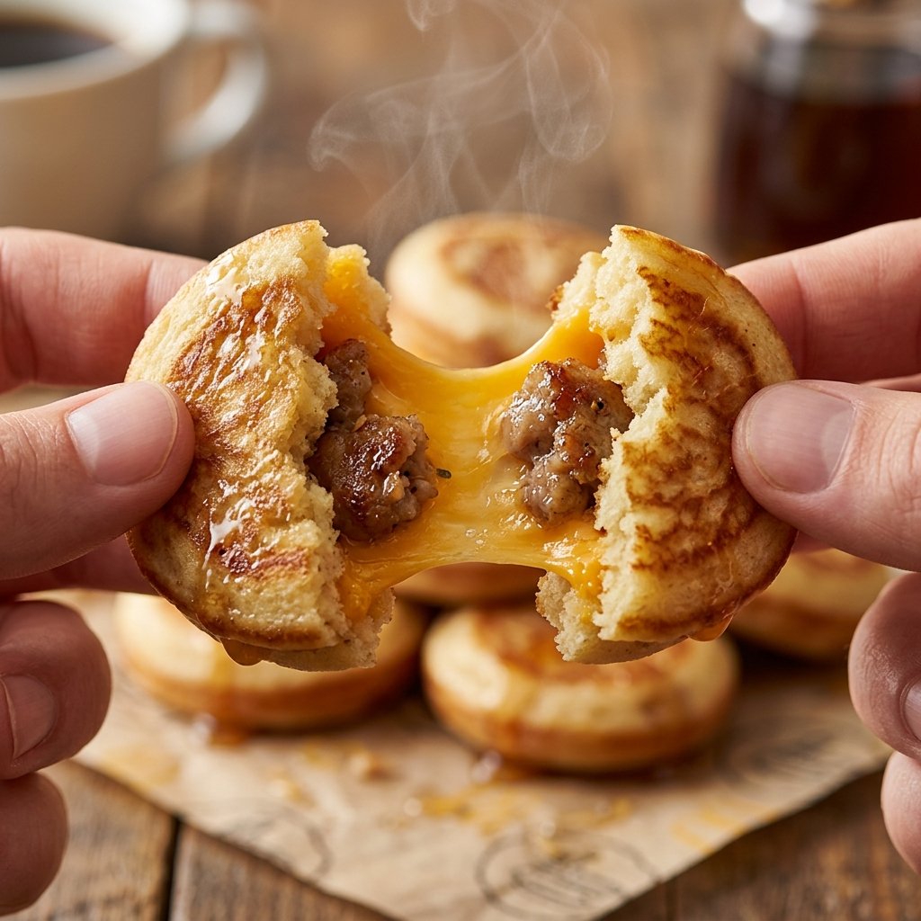 McGriddle bite pulled apart to show the sausage and cheese inside