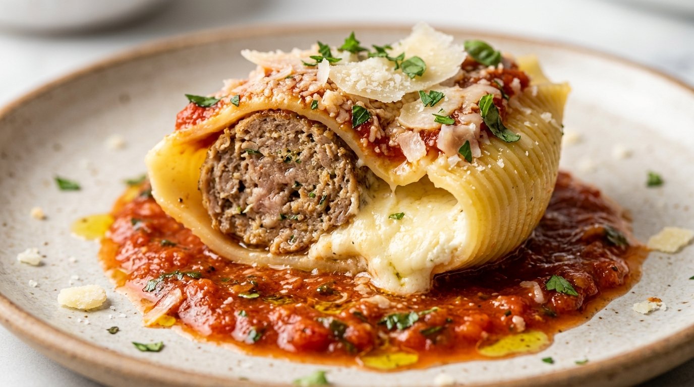 Meatball stuffed pasta shell ready to bake