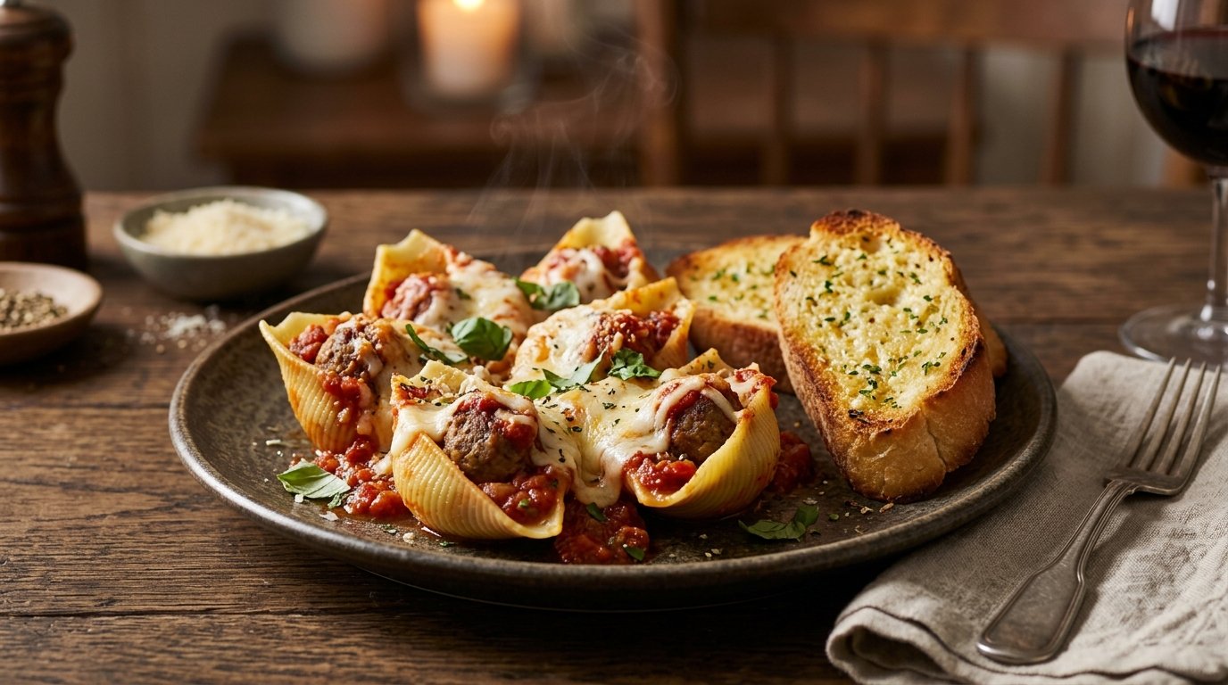 Meatball stuffed shells served on a plate