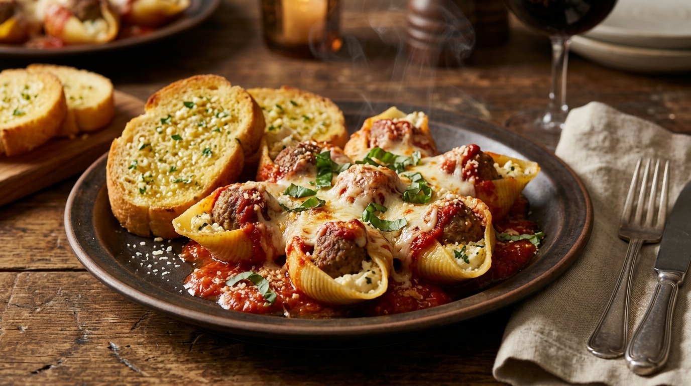 Plate of meatball stuffed shells with sauce and melted cheese